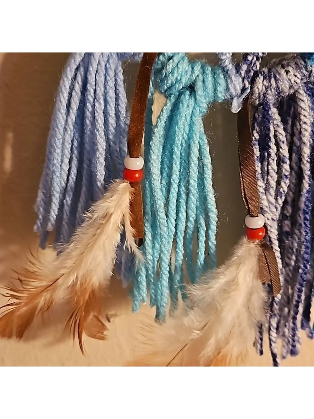 Hand Knit Crochet Dreamcatcher Brown Blue Yarn Feathers